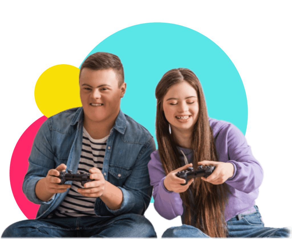 Two young people playing videogames against a colourful abstract background