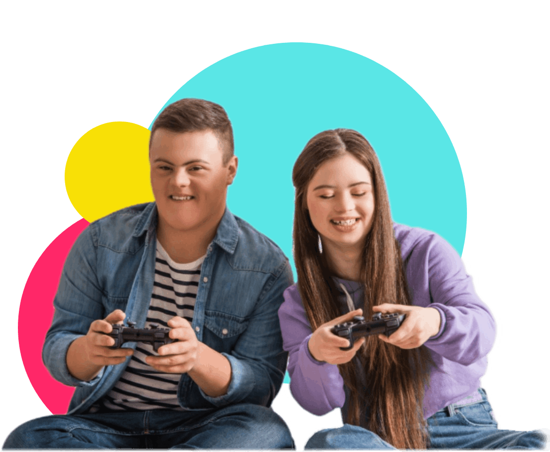 Two young people playing videogames against a colourful abstract background